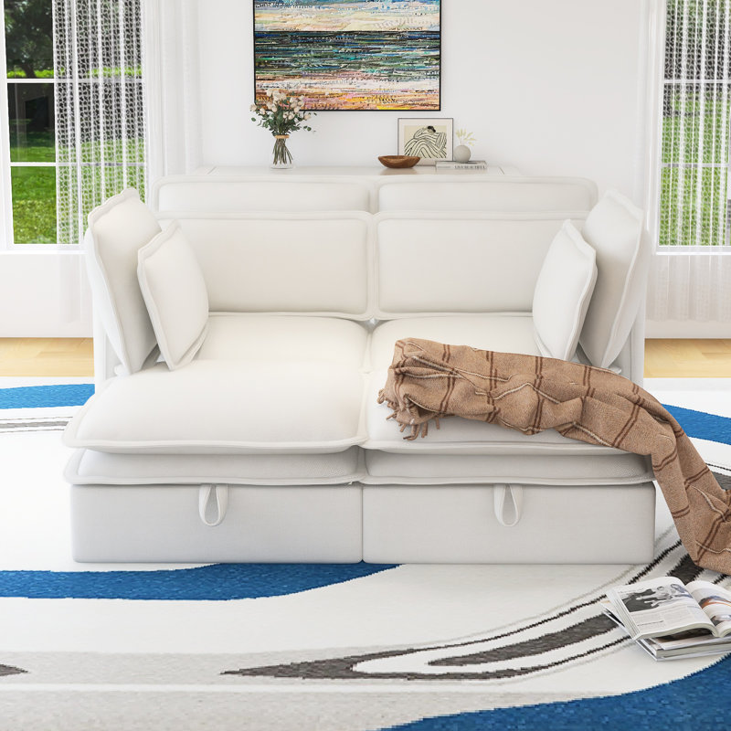 Double-Layer Cushion Modular Sofa, Freely Combinable, 4-Seater With Storage Function, Beige