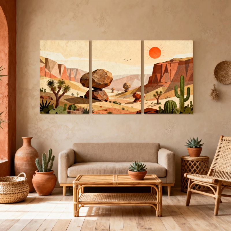 «Landscape & Nature Desert Landscape with Cacti and Rock Formations», ensemble de 3 impressions d'art sur toile
