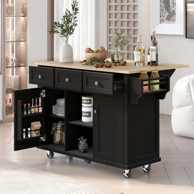 Chariot de cuisine avec comptoir à abattants en bois d'hévéa, supports de rangement internes pour porte d'armoire, îlot de cuisine sur 5 roulettes avec armoire de rangement et 3 tiroirs pour la salle à manger, noir