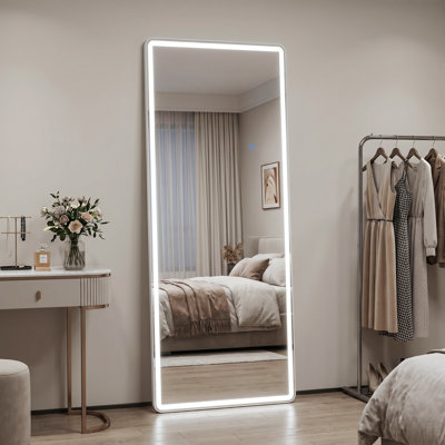 LED Full Length Mirror with Light, Lighted Full Body Mirror with Stand, Dimmable & 3 Color Lighting Standing/Leaning/Wall Mounted Vanity Mirror for Bedroom Cloakroom Livingroom(Rect)