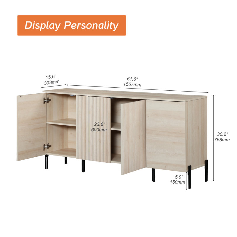 Laverda 61" Baby Dresser For Bedroom, Wooden Reeded 4-Door Cabinet For Kids, Mid Century Modern Closet Storage Organizer For Nursery, Living Room, Hallway