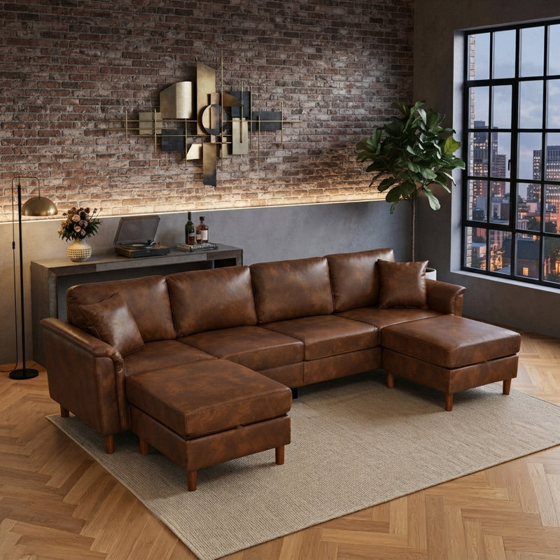 Canapé d'angle classique en forme de U avec 2 poufs de rangement, canapé en cuir PU ciré à l'huile pour salon, canapé en similicuir imperméable