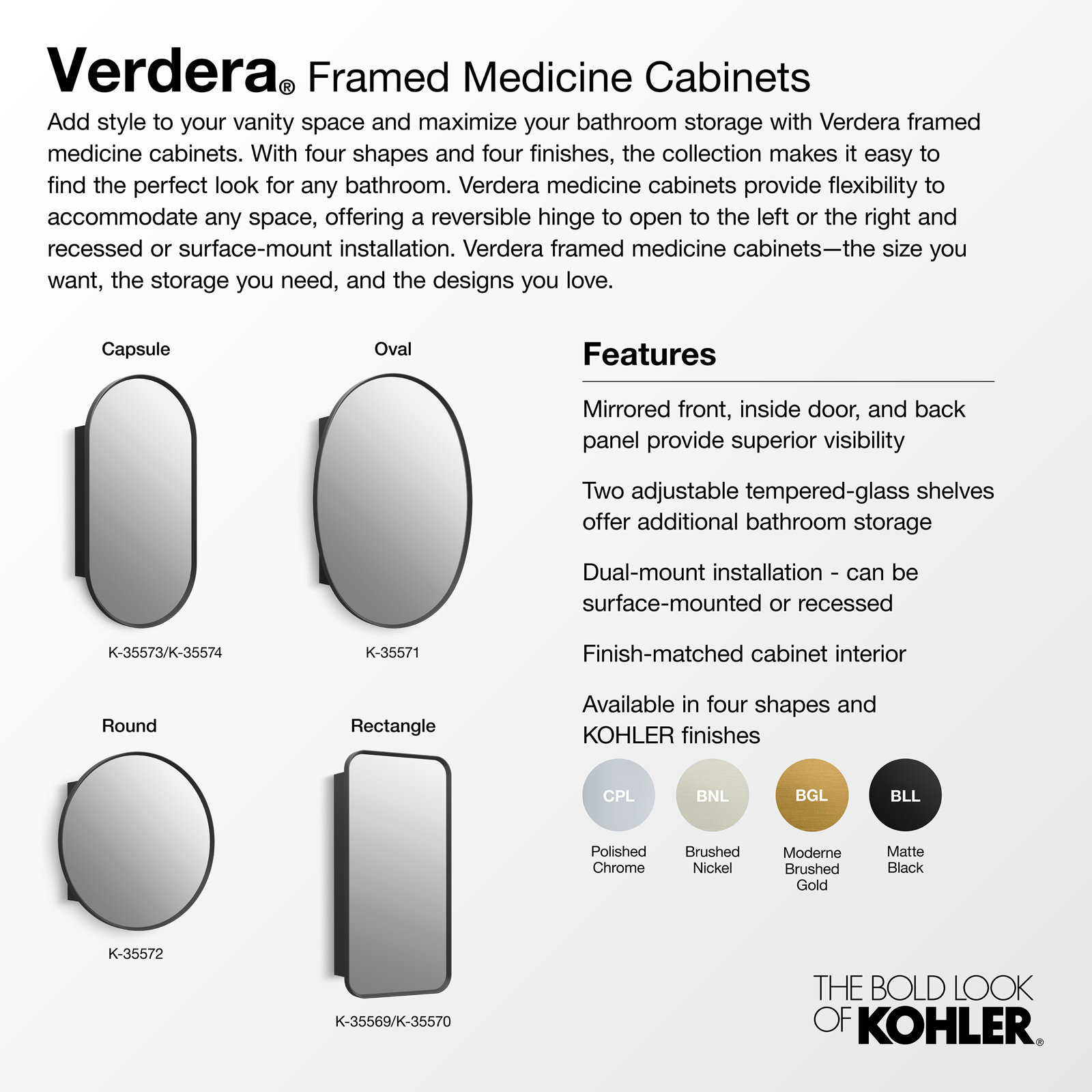 Verdera Capsule Framed Medicine Cabinet, Matte Black, 30" H x 15" W x 5.55" D