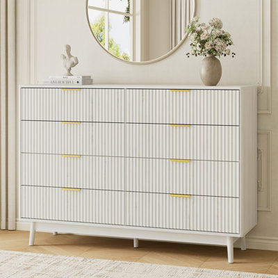 Fluted 8-Drawer Double Dresser For Bedroom, Curved Profile Design, Wood Drawer Organizer For Living Room, Hallway, Nursery, Hallway Closet