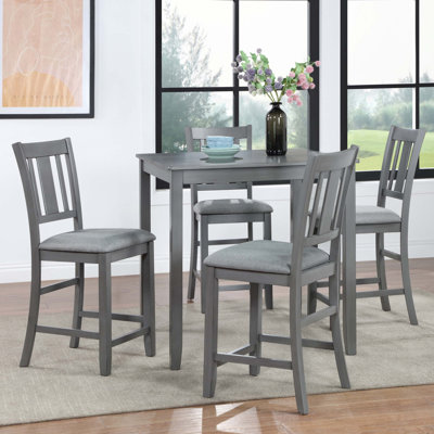 5 Piece Dining Table Set, Wooden Dining Square Table Set for 4, Counter Height Kitchen Table Set with Square Table and 4 Upholstered Chairs for Small Space, Grey