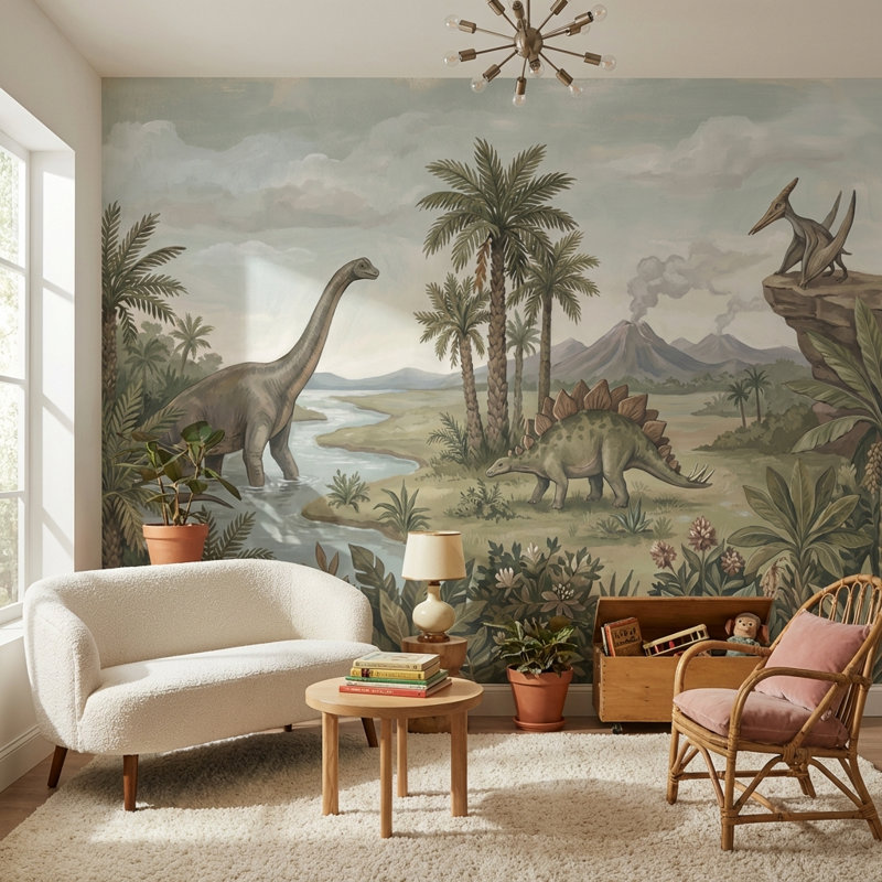 Papier peint paysage de dinosaures, fresque murale préhistorique vintage, 160"x108", Peel and Stick