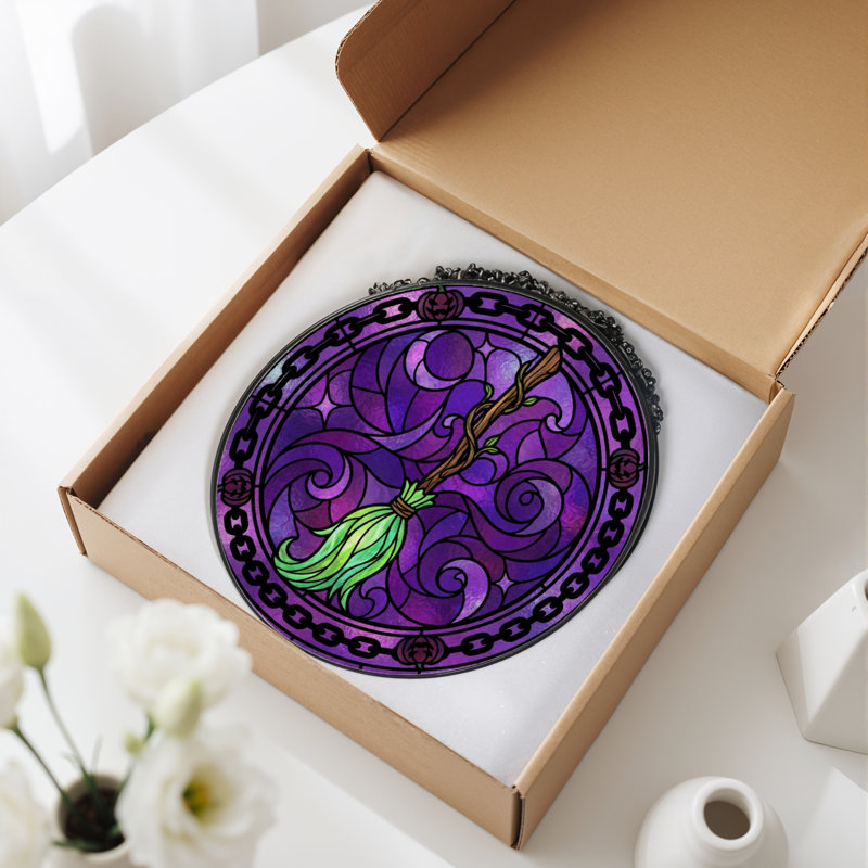 12"H Witch Broom Stained Glass Window Panel