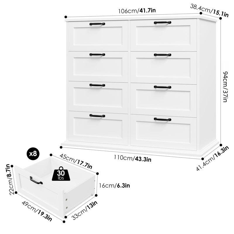 Commode double 8 tiroirs Ausherman, Blanc