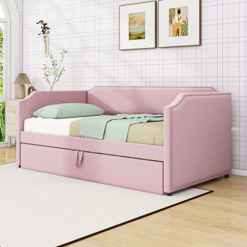 Twin Upholstered Daybed with Pop Up Trundle, Pink