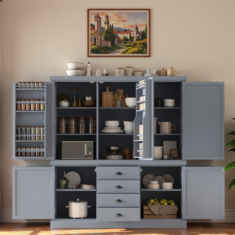 Garde-manger autoportant en bois avec armoires, tablettes de porte, tablettes réglables et tiroirs, Gris