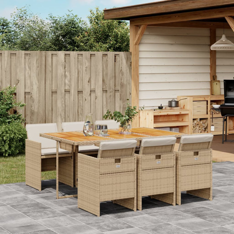  Ensemble de salle à manger de patio en rotin PE 6 places pliable 6 places, Blanc, crème, Beige