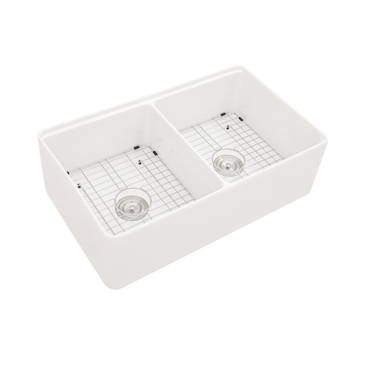 33" Double Bowl Ceramic Sink - White, , To Chips And Discoloration White Farm 33 Inch Workstation Space, Stains