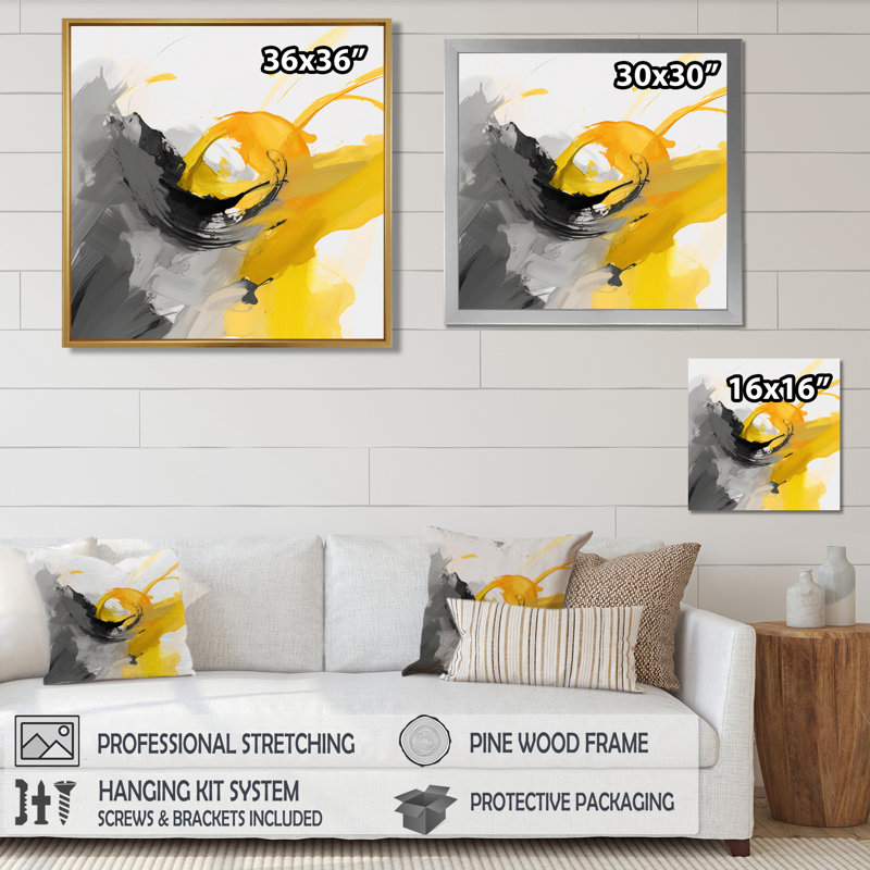 Fragments de sentiment jaune et gris II - art mural paysage urbain, Cadre flottant noir, H 16 po x l 16 po x P 1 po