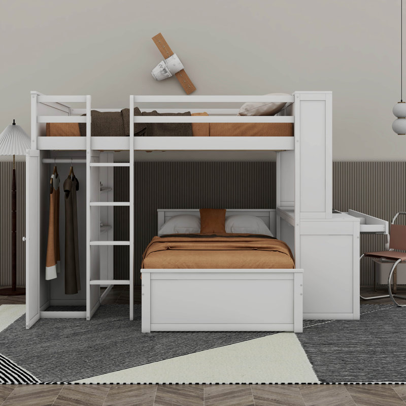 Lit mezzanine double au-dessus de simple Jemma Kids avec lit simple autoportant, tablettes, bureau, Blanc