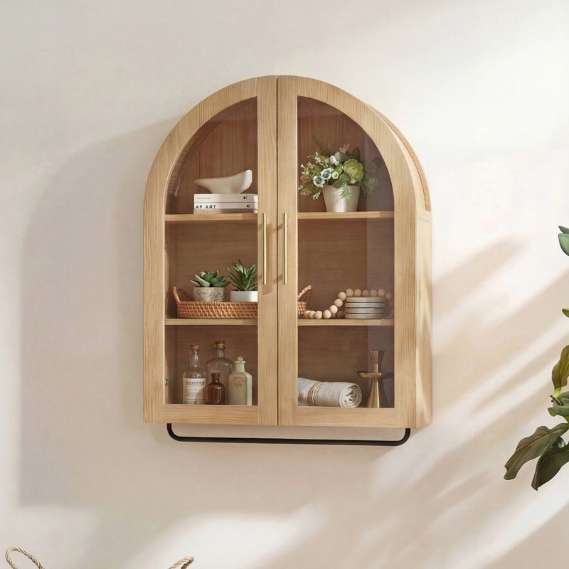 Modern Arched Wall Mounted Storage Cabinet with Glass Doors, Wooden Display Cabinet with 2 Shelves for Laundry Room,Living Room,Kitchen, 23.62" W x 9.45" D x 34.65" H