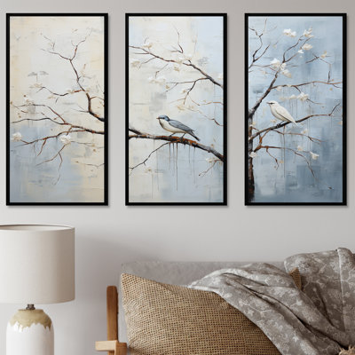 Gris printanier gris, oiseaux de printemps II - arbre, art mural