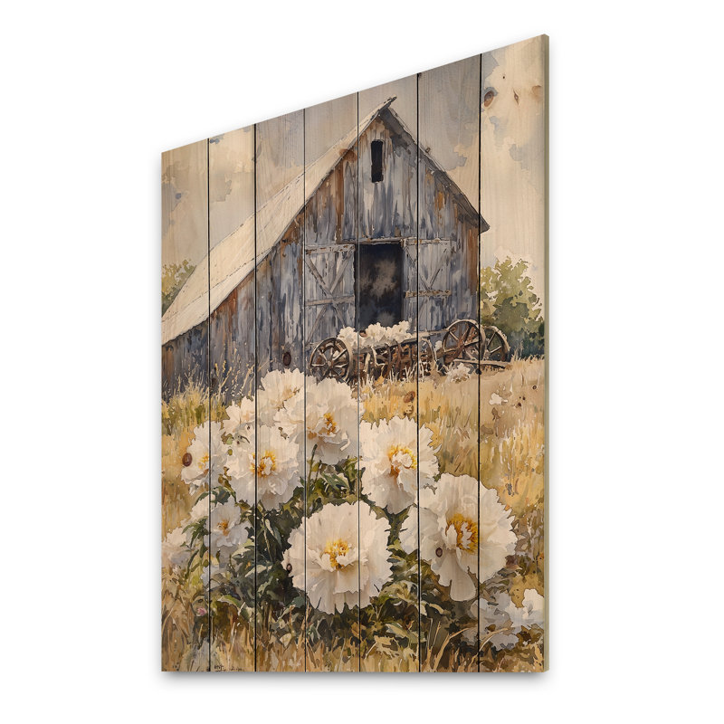 Peonies Near The Dairy Shed - Peonies Wood Print - On Natural Pine Wood, 20" H x 10" W x 0.78" D