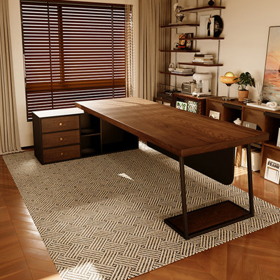 Nut-brown + Black L-Shaped Solid Wood + Iron with 3 drawers desk
