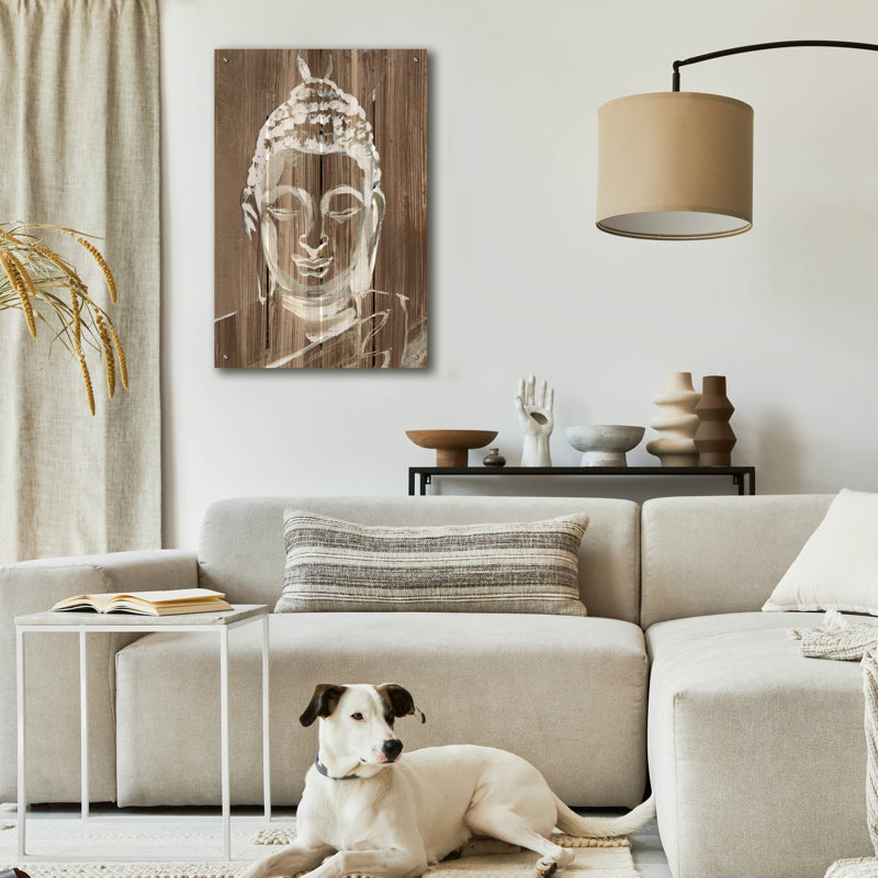  «Bouddha sur bois 2» par Annie Warren, art mural en verre acrylique, 24 po x 36 po, H 36 po x l 24 po