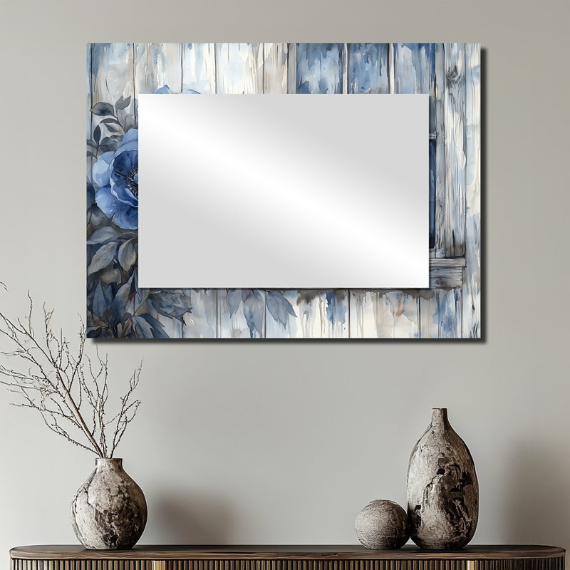 Blue Peonies By The Farm Fence  - Floral Wall Mirror Art - Printed On Metal, 24" x 32"