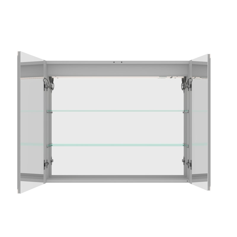 Armoire à pharmacie 36 po x 30 po avec miroir, portes doubles, lumières, désembueur, gradateur, horloge, affichage de la température et 2 prises avec ports USB