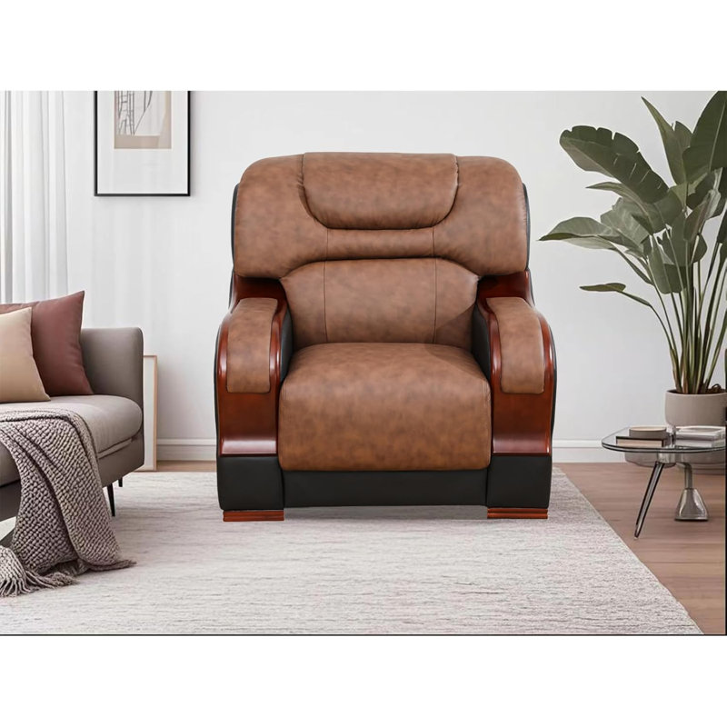 Fauteuil surdimensionné moderne en cuir véritable de 38 po avec accents en bois courbé, Brun