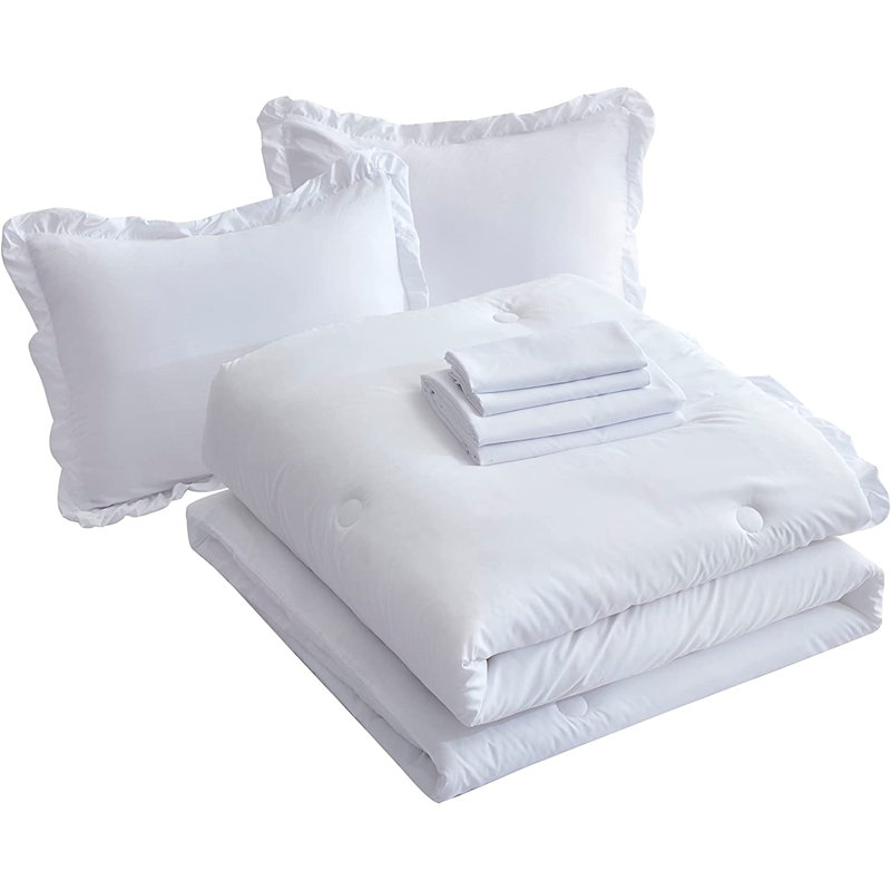 Ruffled Edge Microfiber Bed in a Bag Comforter Set, White, King Comforter + 6 Additional Pieces