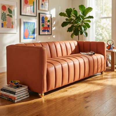 Canapé capitonné à rainures verticales, canapé en tissu d'aspect cuir d'une largeur de 82,7 po avec siège continu, canapé rembourré confortable à structure en bois robuste pour le salon