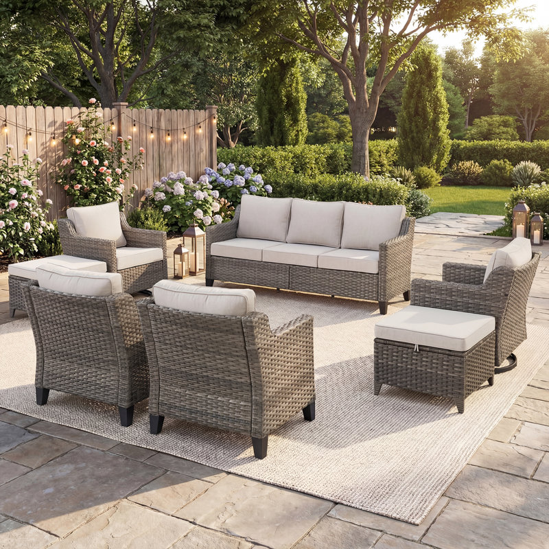 Arlene 7-9 Person Outdoor Courtyard Wicker Family Conversation Set Group With Swivel Chairs, Beige