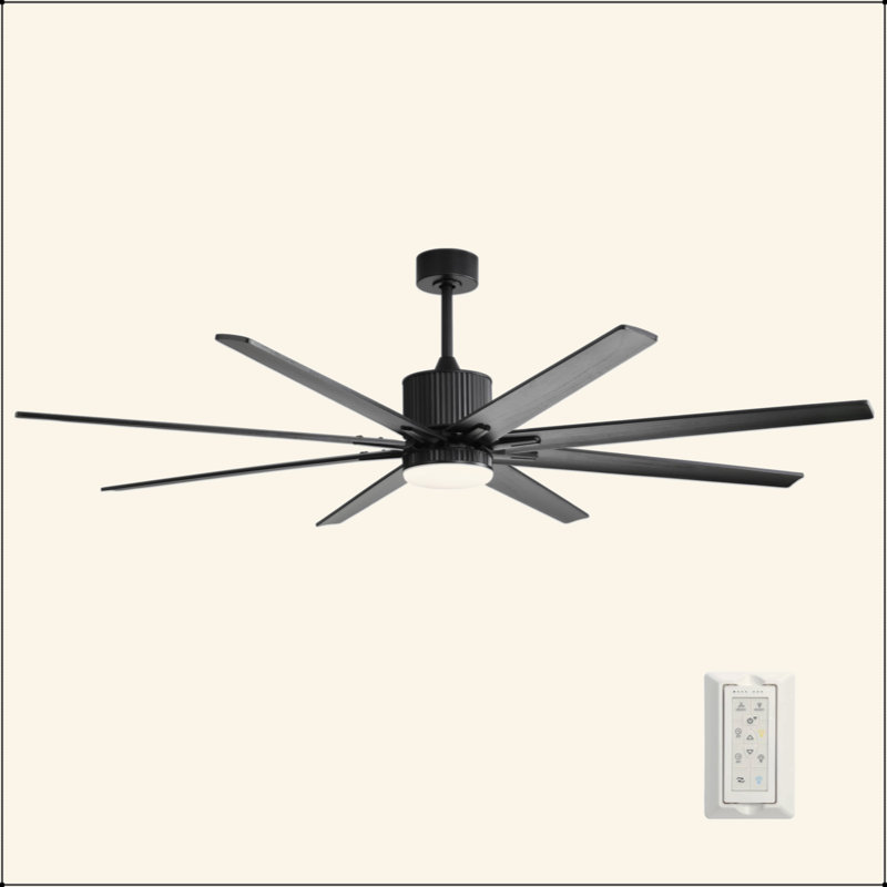 76 Inch Ceiling Fan With 18W Dimmable LED Light Remote Control 8 Solid Wood Blades Black For Living Room