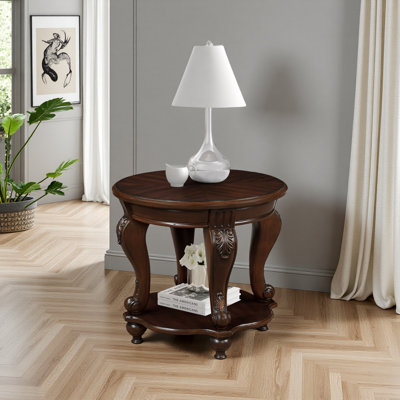 Table de bout ronde de 22 po, table d'appoint en bois massif avec tablette, table de coin de salon facile à assembler