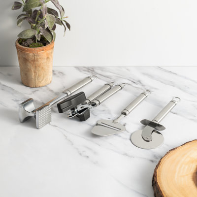 KitchenCraft Oval Handled Professional Stainless Steel Kitchen Tools, 4pc Set Including Cheese Planer, Pizza Cutter, Meat Tenderiser Hammer and Tin Opener