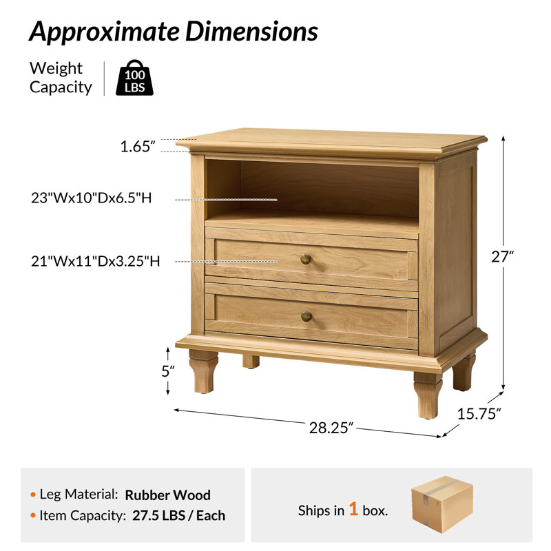 Arthelia Transitional 28.25''W 2-Drawers End table with Built-In Outlets USB Type-C and LED Light, Natural