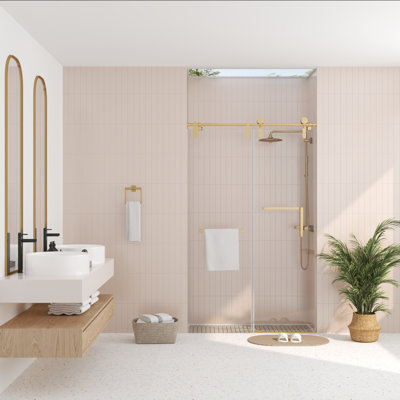 Porte de douche coulissante simple sans cadre l 60 po x H 76 po avec verre trempé de 5/16 po (8 mm), bande de rétention d'eau en métal