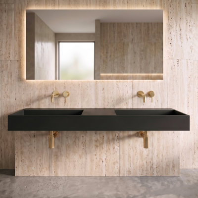 Juniper 60" Rectangular Modern Wall Mounted Bathroom Sink with Concealed Drain Plate - Black, No Faucet Hole