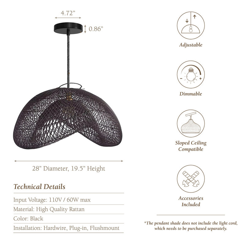Luminaire suspendu en rotin Lucian, Cordon naturel de 48 po, 28"