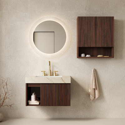 Ensemble de meuble-lavabo mural EIDEN 30 + TOBI 26, meuble-lavabo mural flottant pour salle de bain, plateau en pierre frittée crème doré, lavabos en céramique, 3 trous de robinet pré-percés, robinet et drain exclus, couleur grain de bois noyer