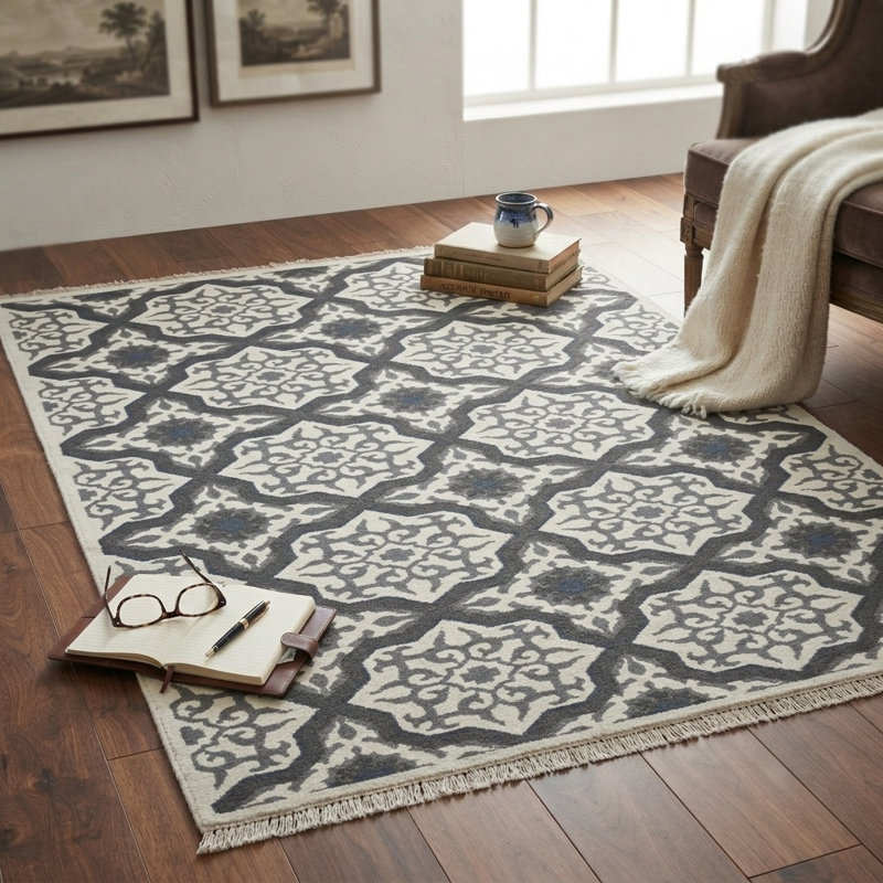 Tapis d'intérieur rectangulaire contemporain en laine nouée à la main, blanc anthracite, Rectangle 6 pi x 9 pi