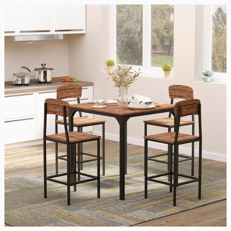 Meco Counter Height Bar Table Set For 4, Square Kitchen Table And Chairs Set With Footrest, Metal Legs, Industrial Dinner Table Set For 4, Walnut,dining table set,dining room set