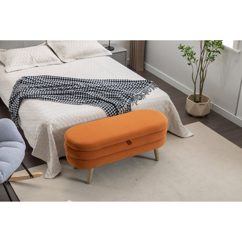 036-Banc de rangement en velours pour chambre avec pieds en bois, Orange