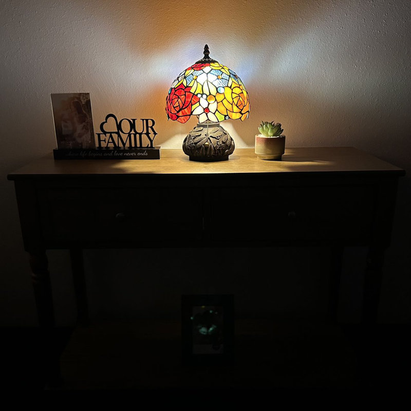 Standwood Tiffany Mini Table Lamp Red Orange Stained Glass Rose Flowers LED Bulb  Included  8"W*8"D*12"H