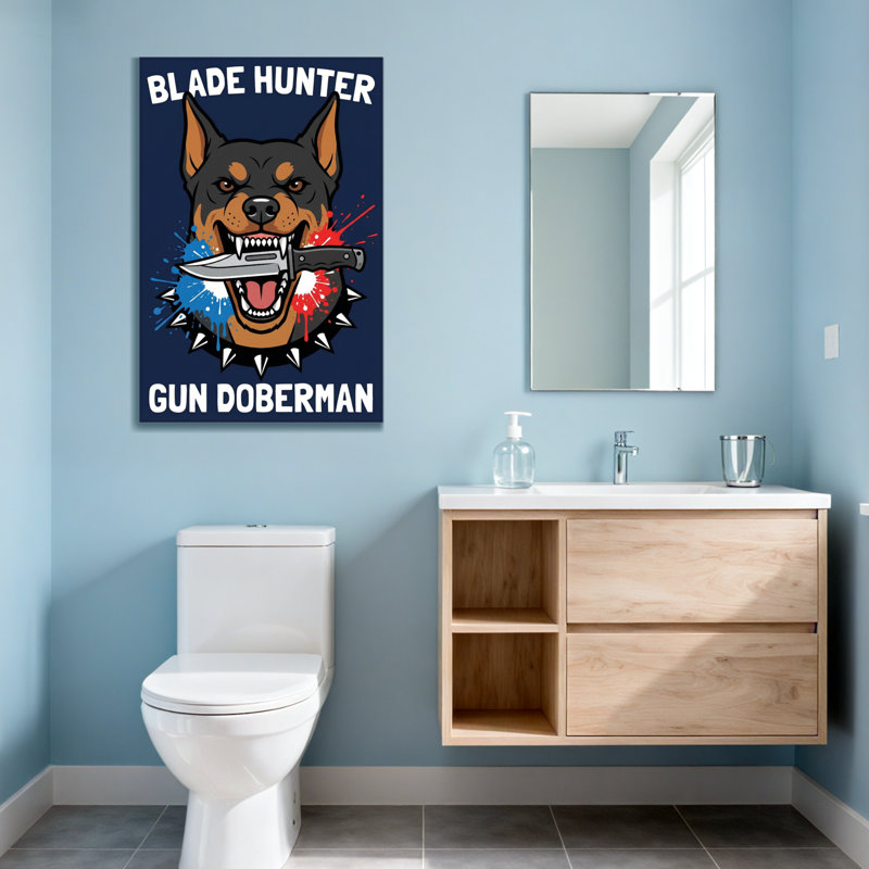 Animaux, lame, chasseur, fusil, chien, doberman avec couteau, H 30 po x l 20 po