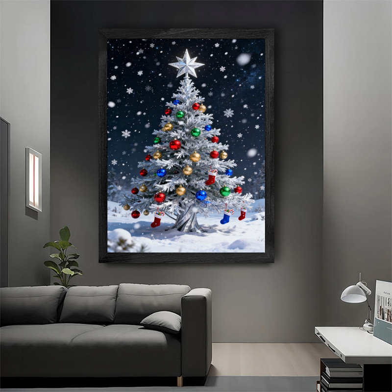Art mural arbre de Noël noir encadré noir - décorations festives enneigées, H 11 po x l 9 po