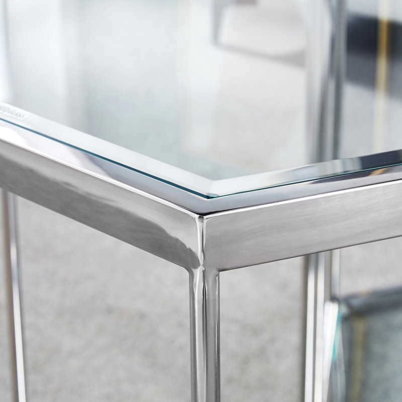 Table de bout en verre à 2 niveaux avec acier inoxydable argenté et capacité de rangement supplémentaire, fonctionnalité, espace, durabilité - plus d'articles de mobilier, facile à nettoyer rapidement, installation facile