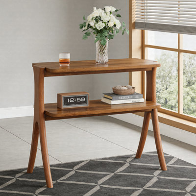 Farmhouse Wood End Table – Narrow 2-Tier Side Table With Herringbone Legs