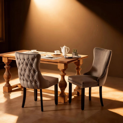 Dining Chair with Backstitching Nailhead Trim and Solid Wood Legs, Upholstered Wing-Back, Set of 2, Beige