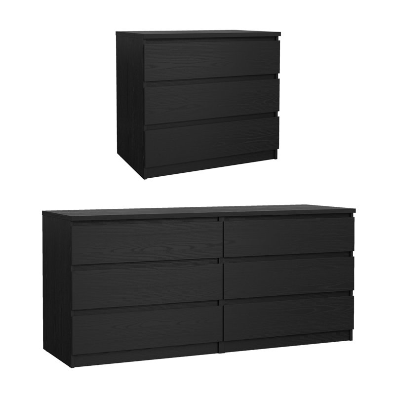 Ensemble de chambre à coucher 2 pièces Yarbrough - Commode double 6 tiroirs et commode, Black, 2 Pcs: Dresser, Chest