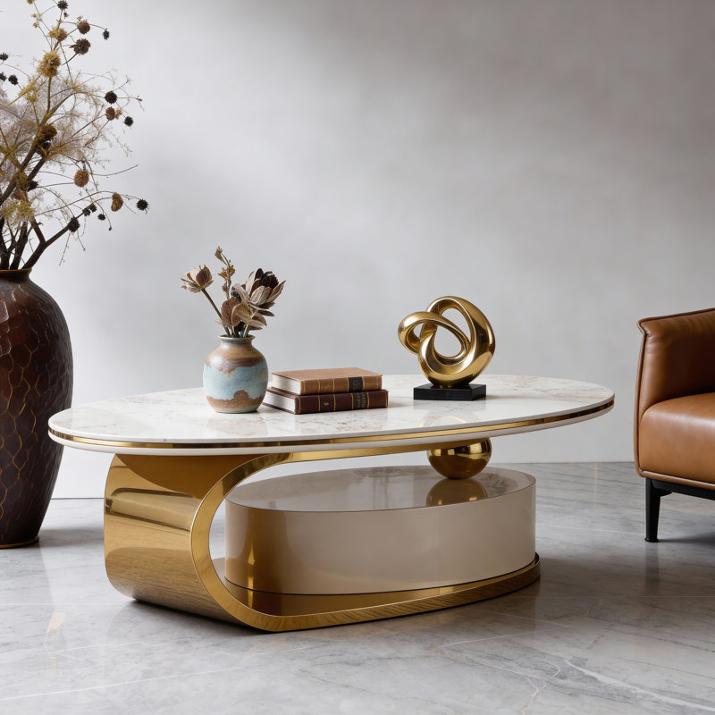 51" Modern Oval Coffee Table with Sintered Stone Top, Gold Base and Drawer，Fully Assembled, 