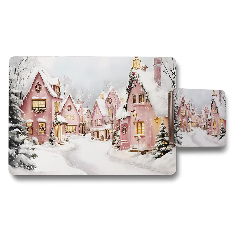 Winter Wonderland Pink Village Placemat And Coaster Set