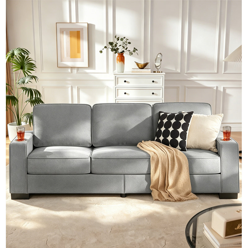83 Inch Modern Snowfleece 3-Seater Upholstered Sofa in a Box, Couch with Built-In Cup Holders for Living Room Bedroom Office
